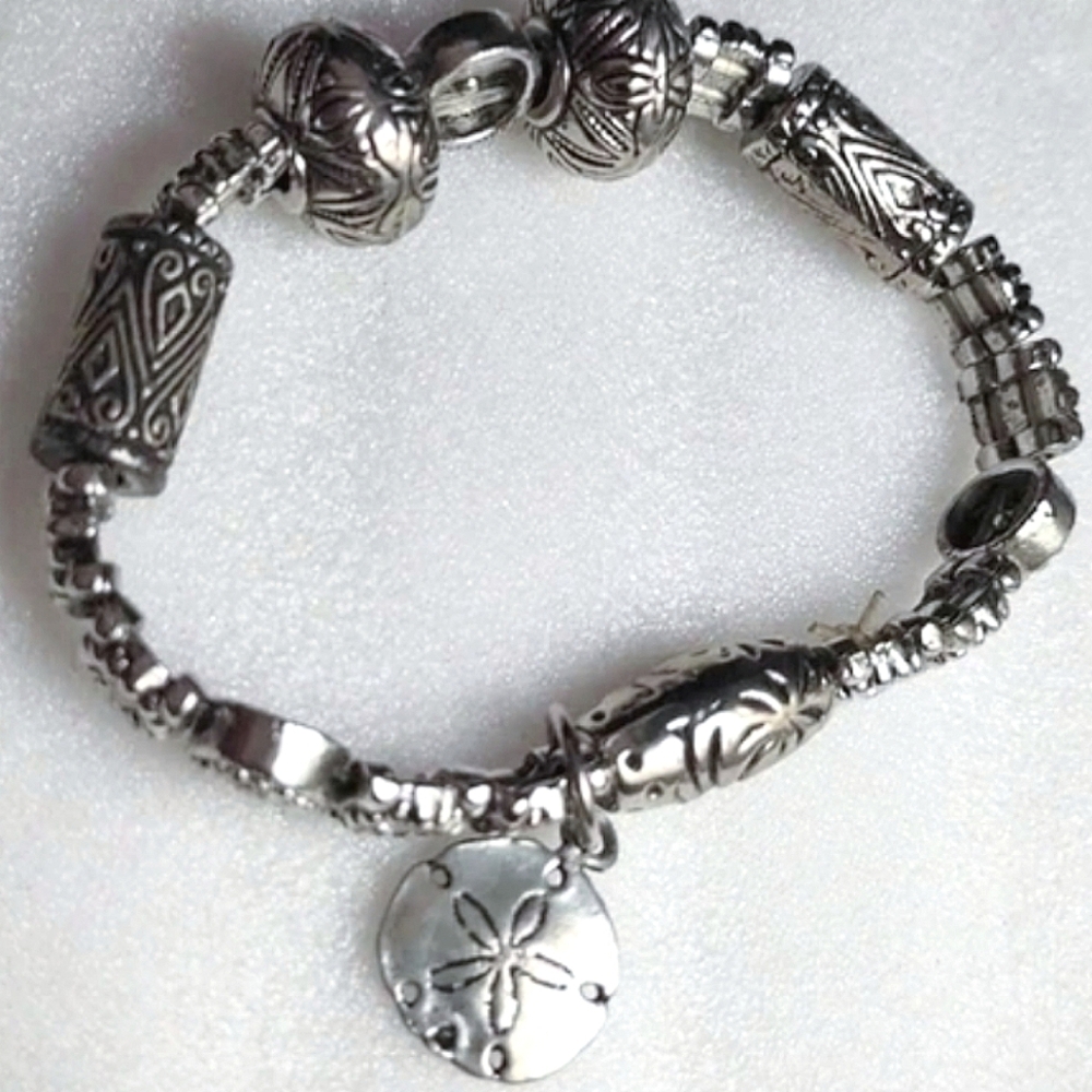 .925 Sterling Silver Sand Dollar Stretchy Charm Bracelet